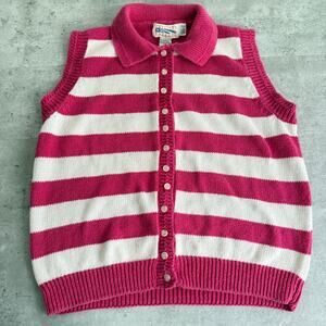Vintage 80s Pink and White striped knit sweater vest button up size medium